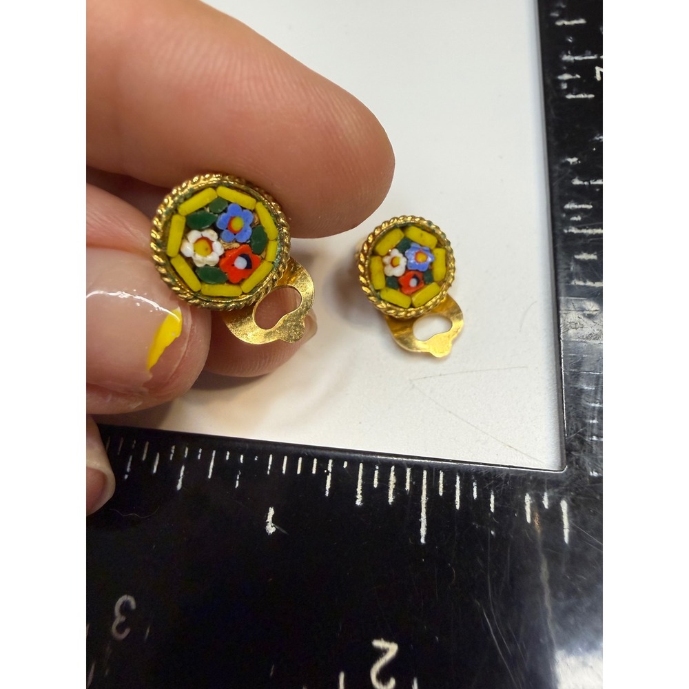 Vintage Italian Micro Mosaic Floral Clip On Earrings Gold Tone Round Yellow